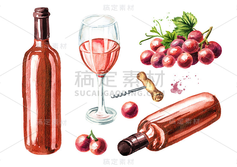 玫瑰酒具，玻璃杯，酒瓶，葡萄。手绘水彩插图，孤立的白色背景