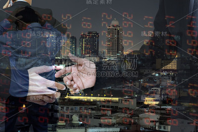双重曝光的商人群体握手为商业和城市背景。