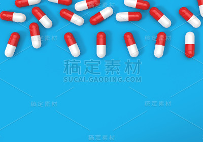 俯视图胶囊药丸上的蓝色背景