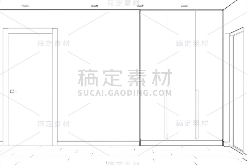 空走廊的草图与关闭的门，衣柜，瓷砖地板和空墙。前视图。
