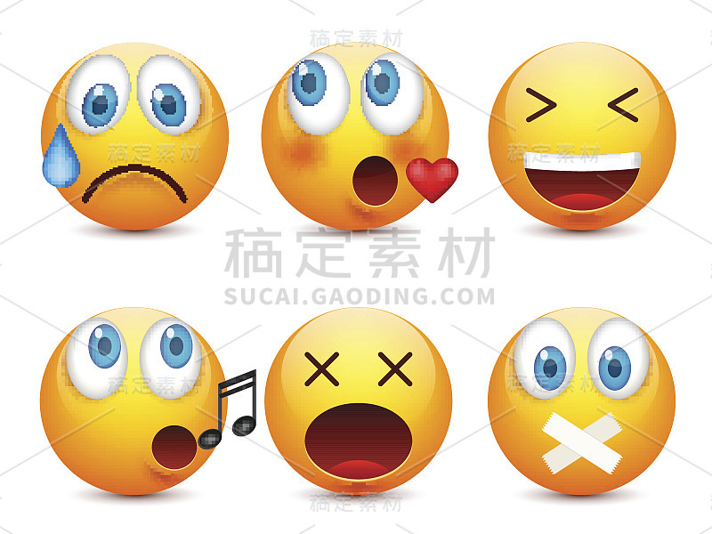 蓝眼睛的笑脸，表情包。黄脸带着情绪。面部表情。3 d现实emoji。伤心,高兴,生气的脸。有趣的卡通