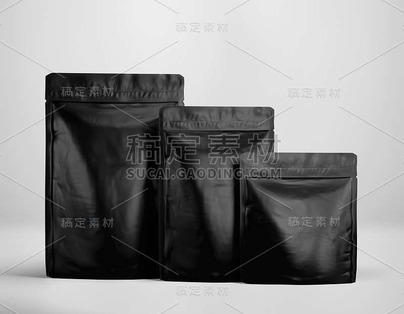 黑色站立铝箔袋模型模板，黑色空白食物咖啡doypack, 3d渲染孤立在灯光背景