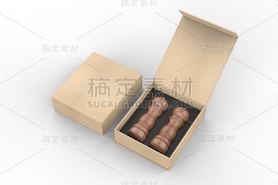 空白盐和胡椒研磨机礼品盒品牌，3d渲染插图。