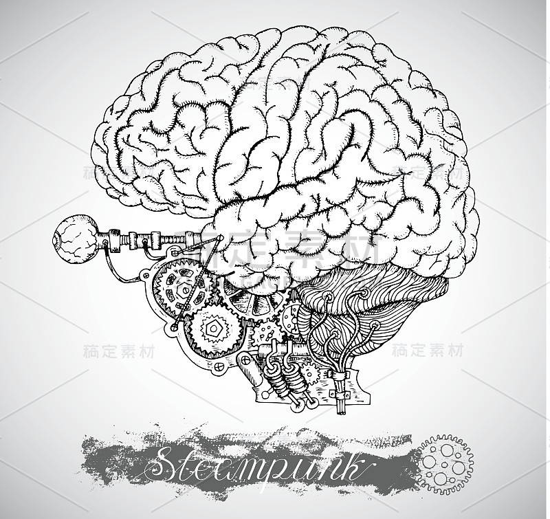 人体解剖大脑与老式机制蒸汽朋克风格