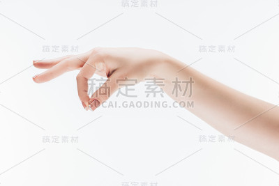 女性的手与掐手势孤立在白色