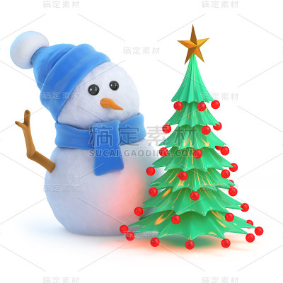 3d雪人有一棵漂亮的圣诞树