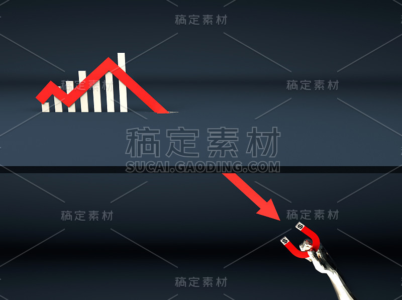 金融箭头与条形图下降，金融吸引，磁铁矿与美元