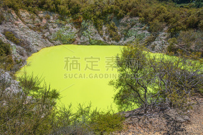 新西兰Wai-O-Tapu独特的黄色致命硫池