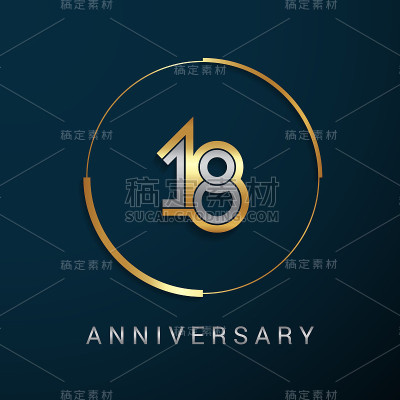 18周年纪念图标与金色和银色多线性数字在一个黄金圈，孤立在黑暗的背景