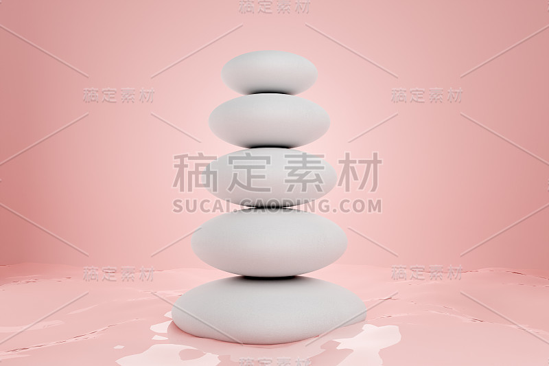 天然石头，鹅卵石，大理石在白色的背景。产品广告插图。3 d渲染。