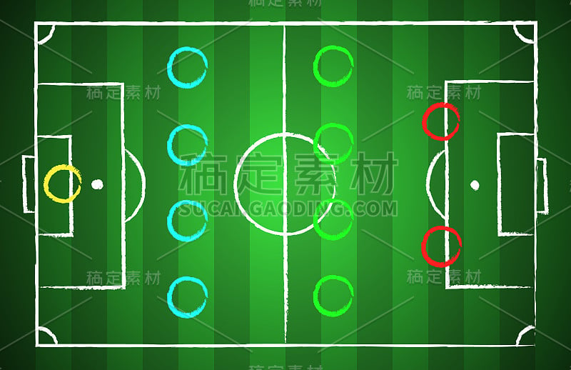 足球场上用粉笔画风格，战术方案为4-4-2。插图eps 10