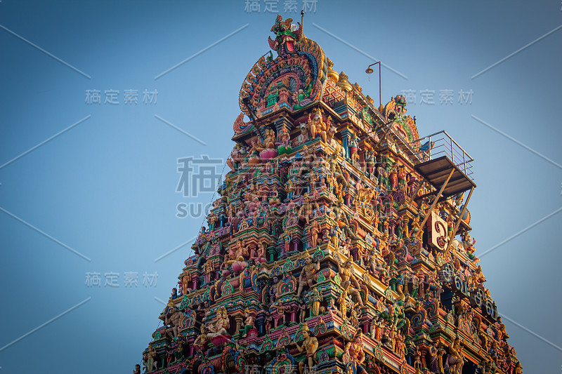 印度钦奈，Mylapore, Kapaleeswarar神庙gopuram塔的美丽景色