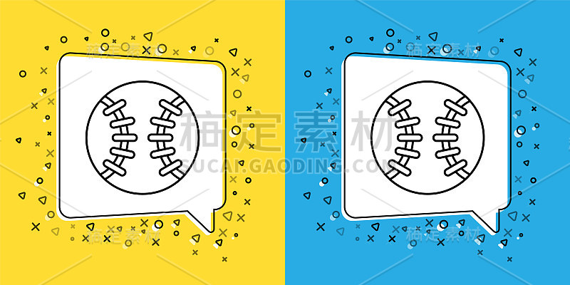 设置线棒球球图标孤立在黄色和蓝色的背景。向量