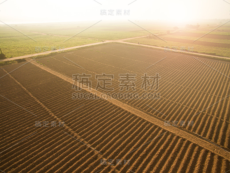 鸟瞰图;种植前要有成行的土壤。在为春季种植庄稼而犁过的农田上的垄沟。透视中的水平视图。