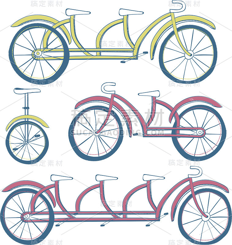 一套四辆自行车。独轮车，三轮车，双人自行车，自行车。向量