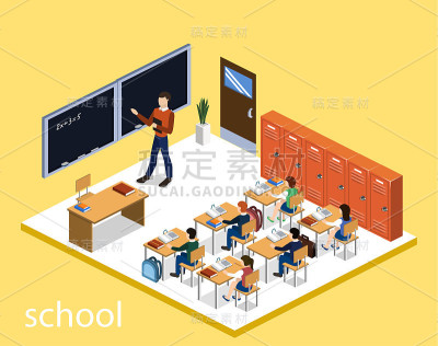 等距三维矢量插图与学生在学校室内课堂