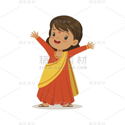 身着印度民族服饰莎丽的女孩彩色人物矢量插图