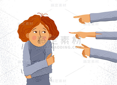羞辱和指责向量概念，对年轻女孩的手指女子感到不舒服和恐惧，歧视问题的残酷和不容忍的社会群体的行为。