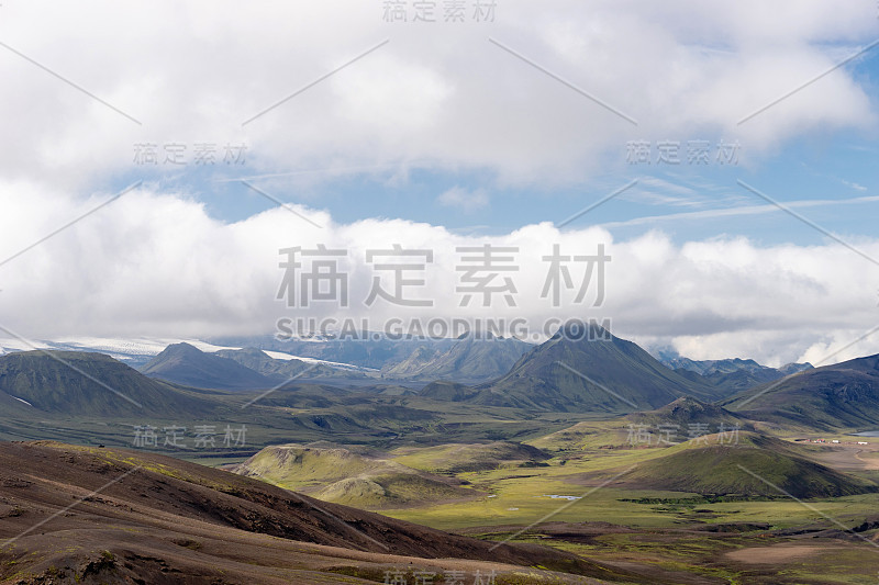 View mountain valley with green hills, river strea