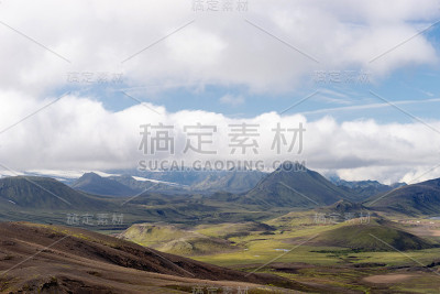 View mountain valley with green hills, river strea