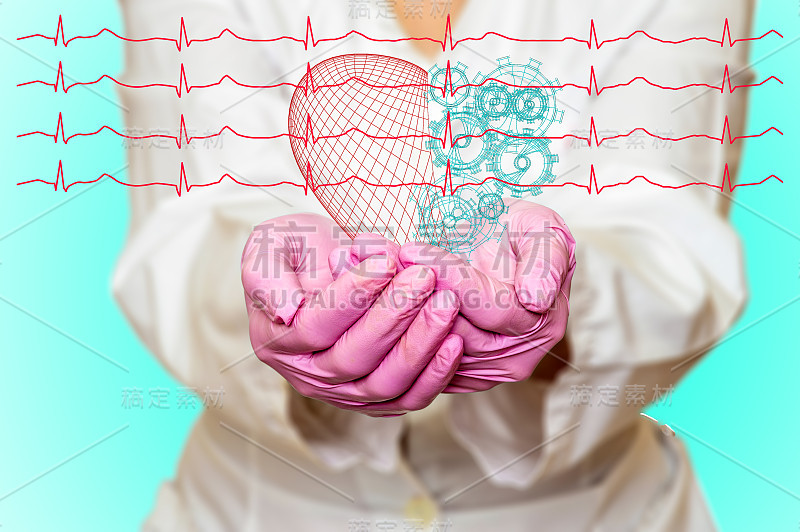 健康和医学的概念-女医生拿着一颗带有齿轮和心电图线的红心