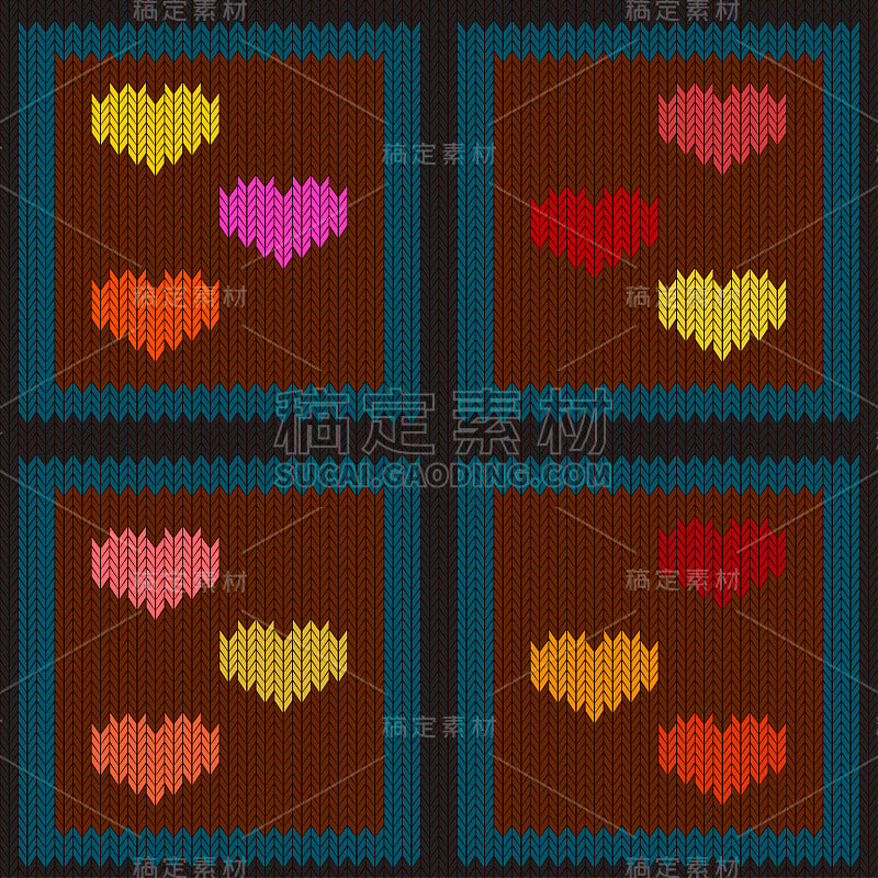 针织羊毛无缝图案与彩色心形在棕色方。情人节