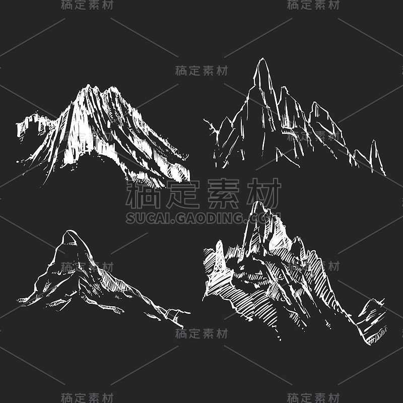 矢量山在黑色的背景。手绘山轮廓矢量插图。