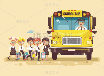 矢量插图回到学校卡通人物，男生，女生，学生，学徒，可爱开朗的孩子在公共汽车站去登上校车与司机在黄色背