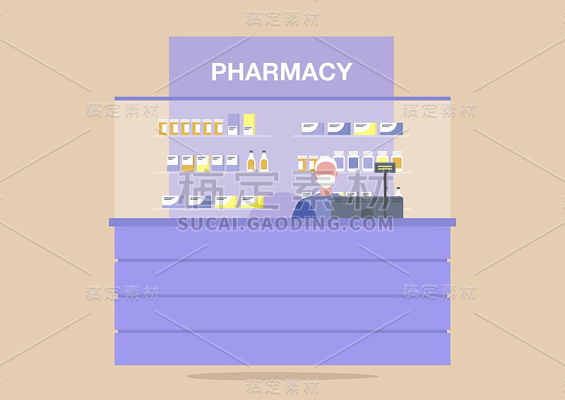 药店柜台，年轻男性药剂师戴着防护口罩，冠状病毒爆发