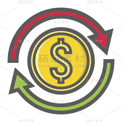 交易所填充轮廓图标，商业和金融，美元符号矢量图形，彩色线图案上的白色背景，eps 10。
