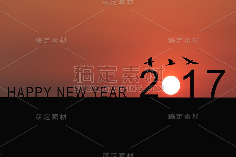 屋顶上数字2017的剪影和黄昏天空中的夕阳。