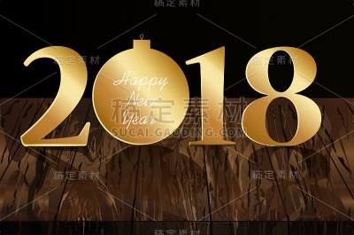数字2018和圣诞树的黄金。新年，冬天的主题。向量。木制背景上的贺卡