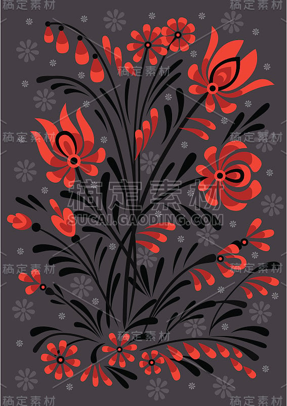 Abstract floral ornament in red and black colors