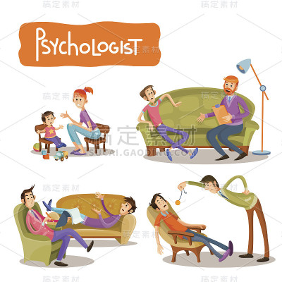一组矢量卡通插图，病人正在与心理治疗师交谈