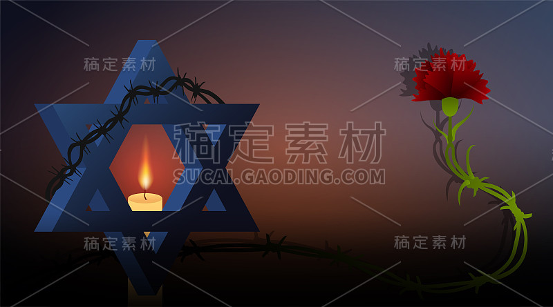 犹太星带着带刺的铁丝和蜡烛。