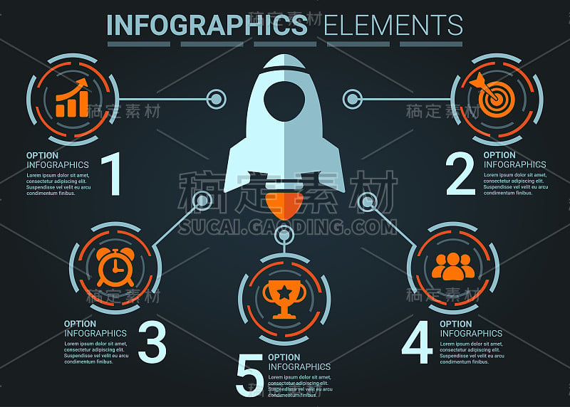 INFOGRAPHICS元素抽象设计创业火箭top5概念模板