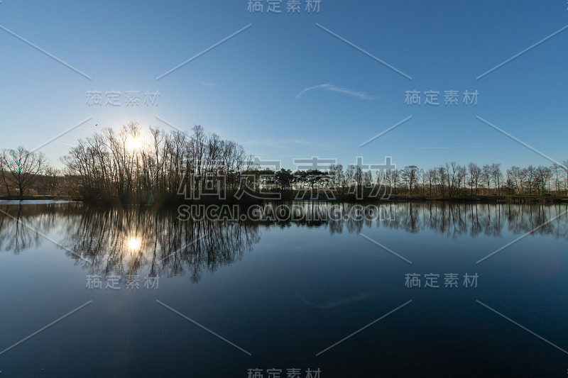 在冬天阳光明媚的日子里，荷兰北布拉班特的德肯彭地区的镜子森林湖