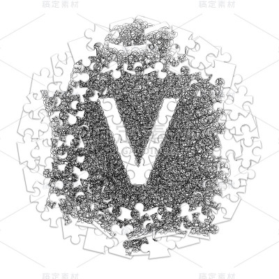 字母V.手绘字体与图形笔在白色的背景在拼图形状