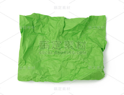空白的，皱巴巴的绿色矩形a4纸，白色背景，