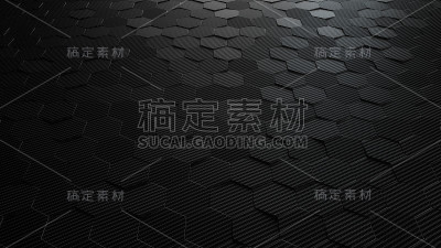 抽象六角形几何背景。碳纤维的六边形结构与明亮的能量光突破裂缝。三维渲染