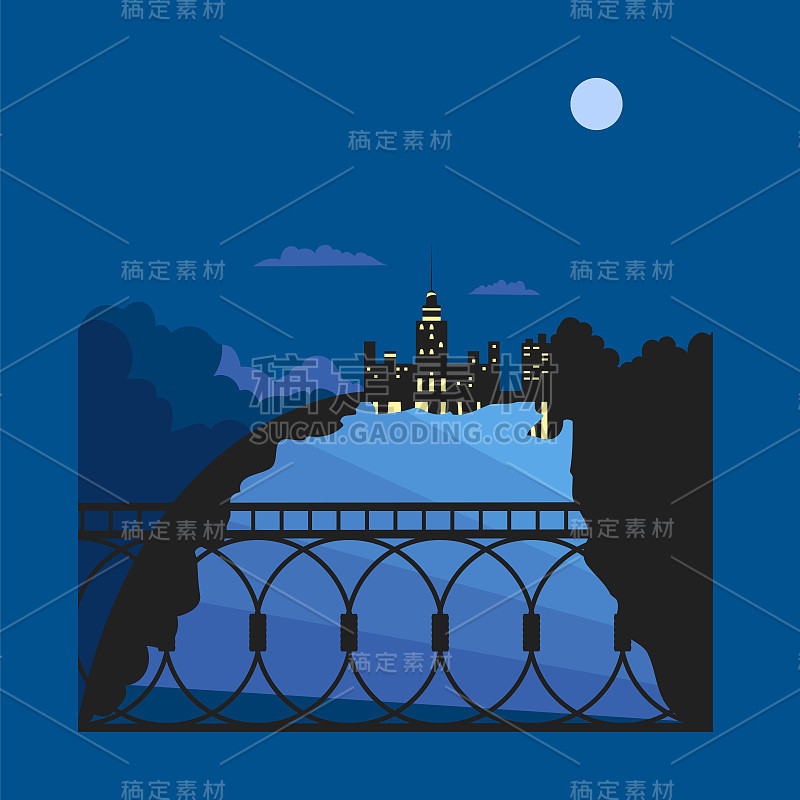 夜晚的城市。从桥上看这条河。一个城市在月光下的夜晚的矢量图像