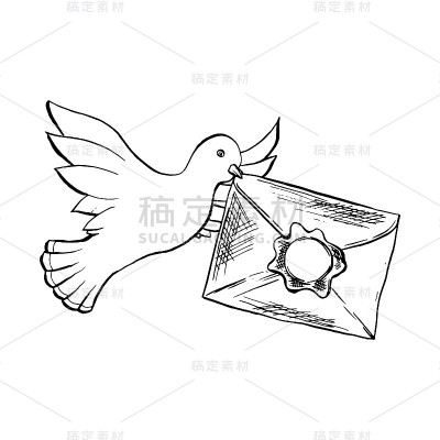 鸽子用信封飞行的素描风格。轮廓或等高线画