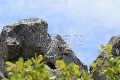 山景特写，石灰石背后的树叶