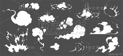 矢量烟雾设置特效模板。卡通蒸汽云，烟，雾，雾，水蒸汽或尘埃爆炸2D视觉效果插图。游戏，印刷，广告，菜
