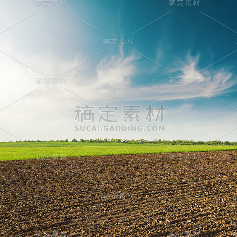 犁过的田野和蓝天上的春日晚霞