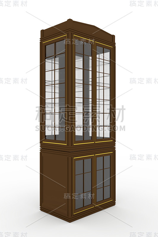 复古橱柜的餐具仆人，与玻璃门，货架和镜子，3d渲染，3d插图