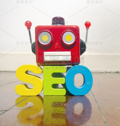 红色复古机器人头上的单词SEO