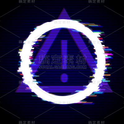扭曲的Glitch风格的现代背景。毛刺圆框架设计。感叹号和三角框。发光设计为平面设计-宣传册，海报，