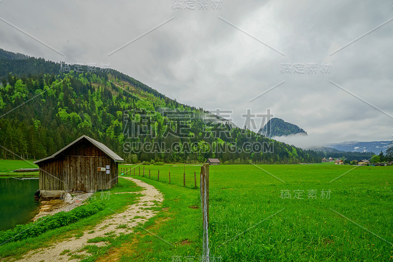 池塘边的小茅屋，绿草地和山上的松树林为背景