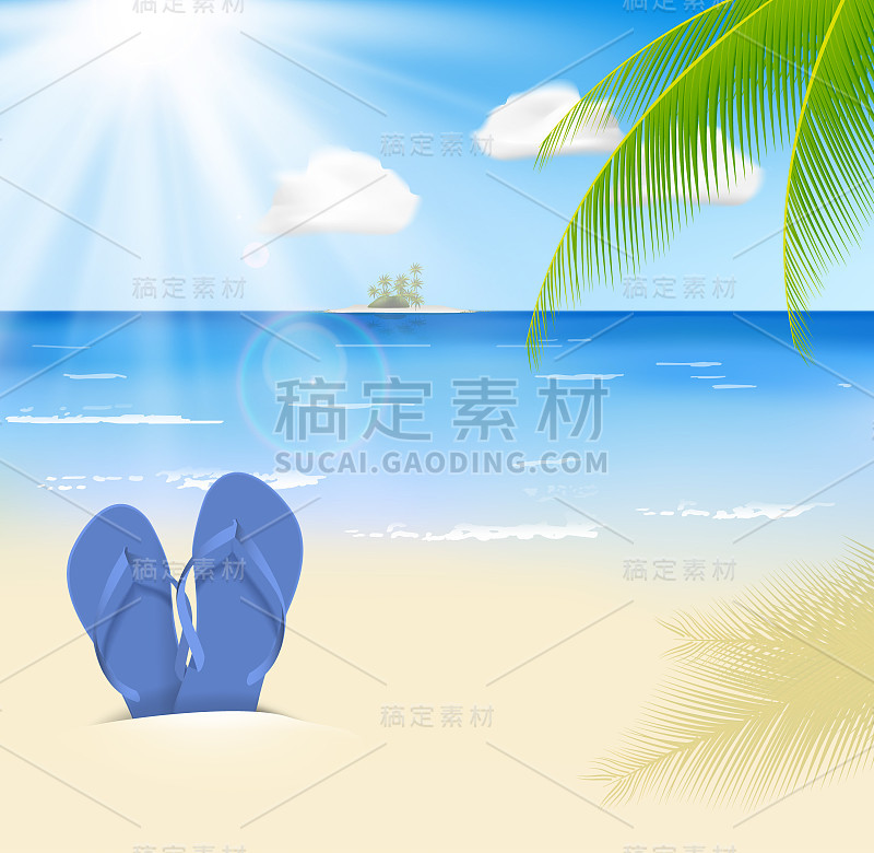 阳光明媚的夏日海滩，棕榈树和多云的天空。矢量插图。